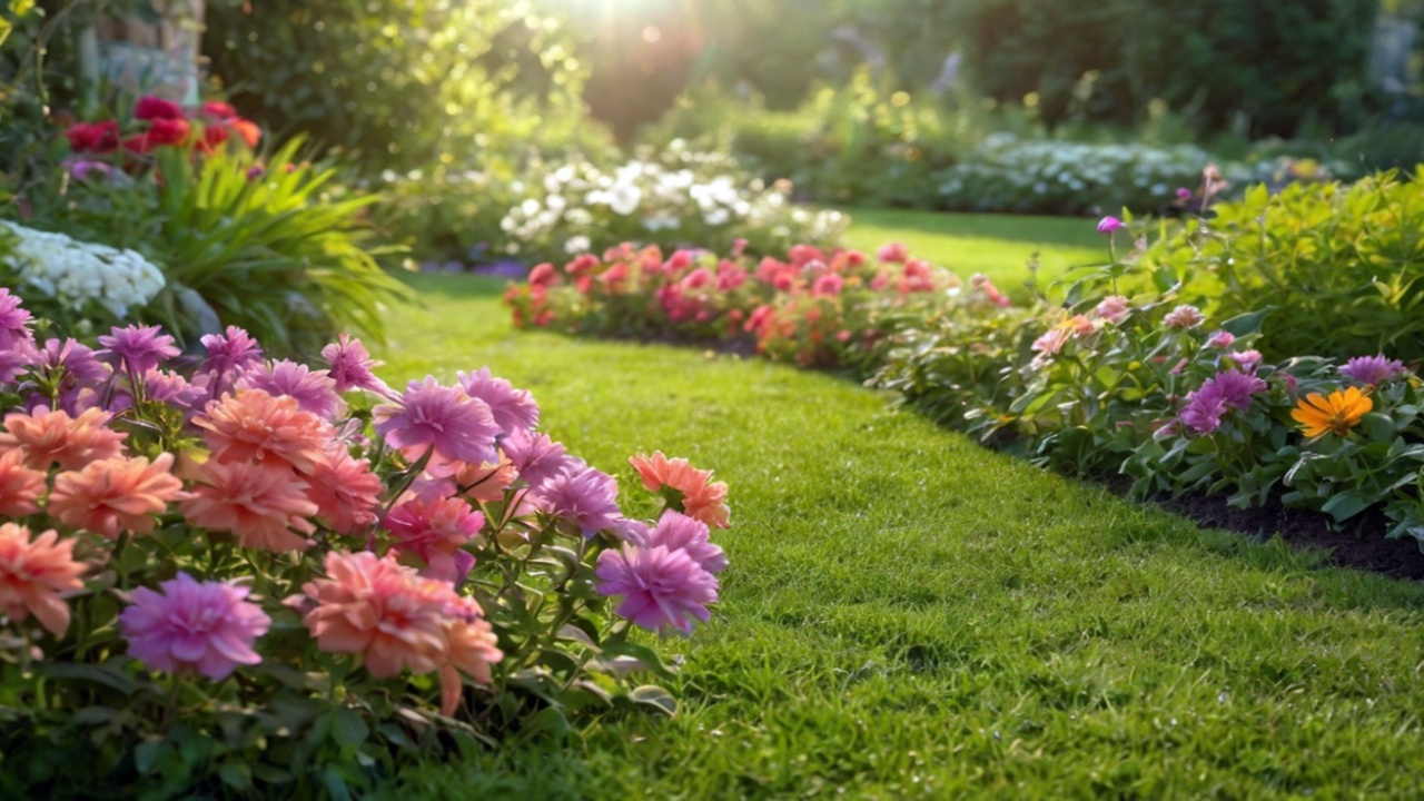 spring, the flower garden blooms, the fresh pond trees, warm green leaves make a beautiful sight
