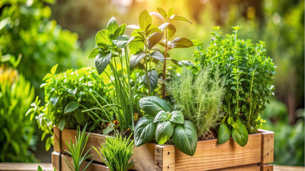 Wooden crate with a variety of fresh green potted culinary herbs growing outdoors in a backyard garden