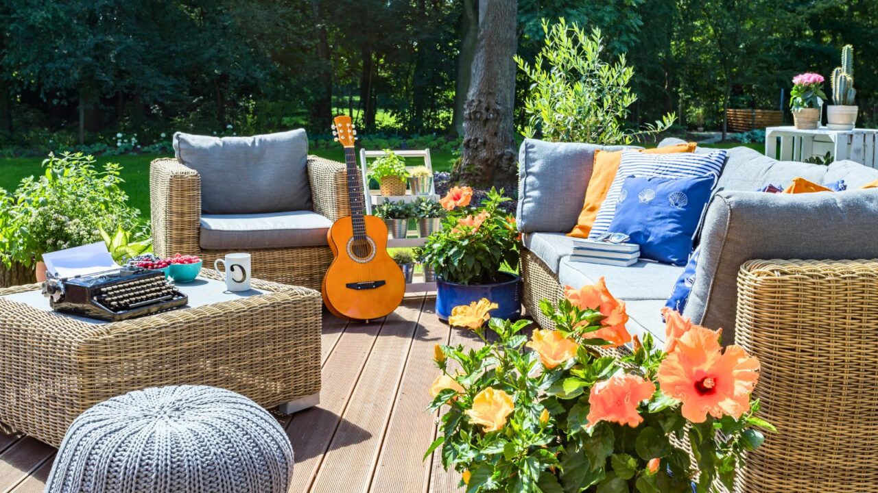 Vibrant colored patio furniture and decor.