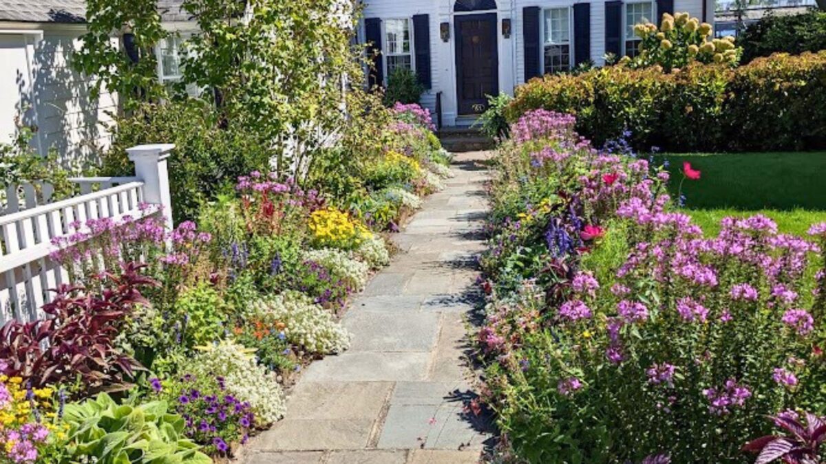 gorgeous walkway to the front door flanked by colorful flowers.