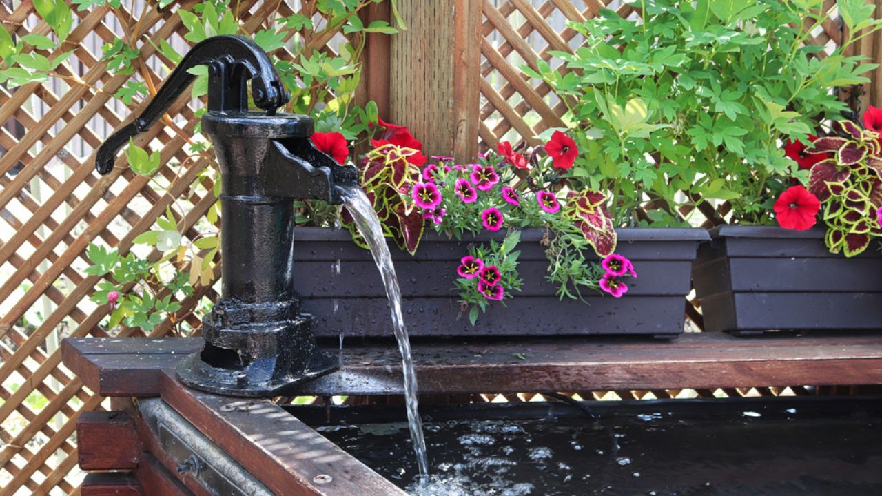 A water fountain infront of a lattice with annuals