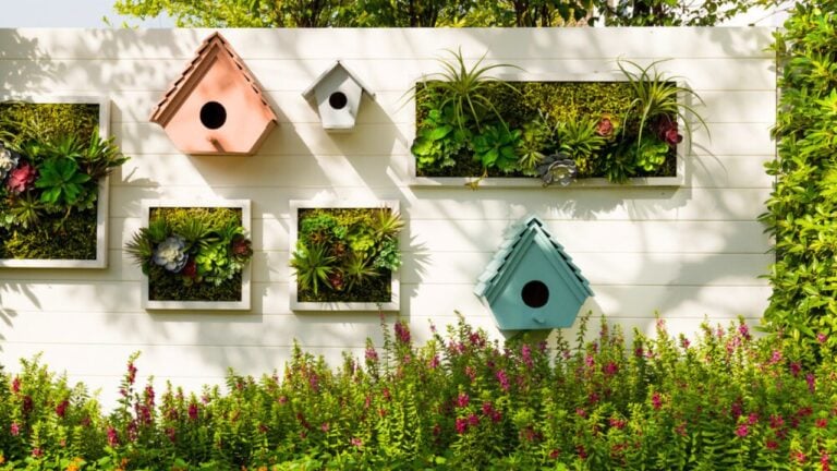 Decorated wall vertical garden idea in the city, Background.