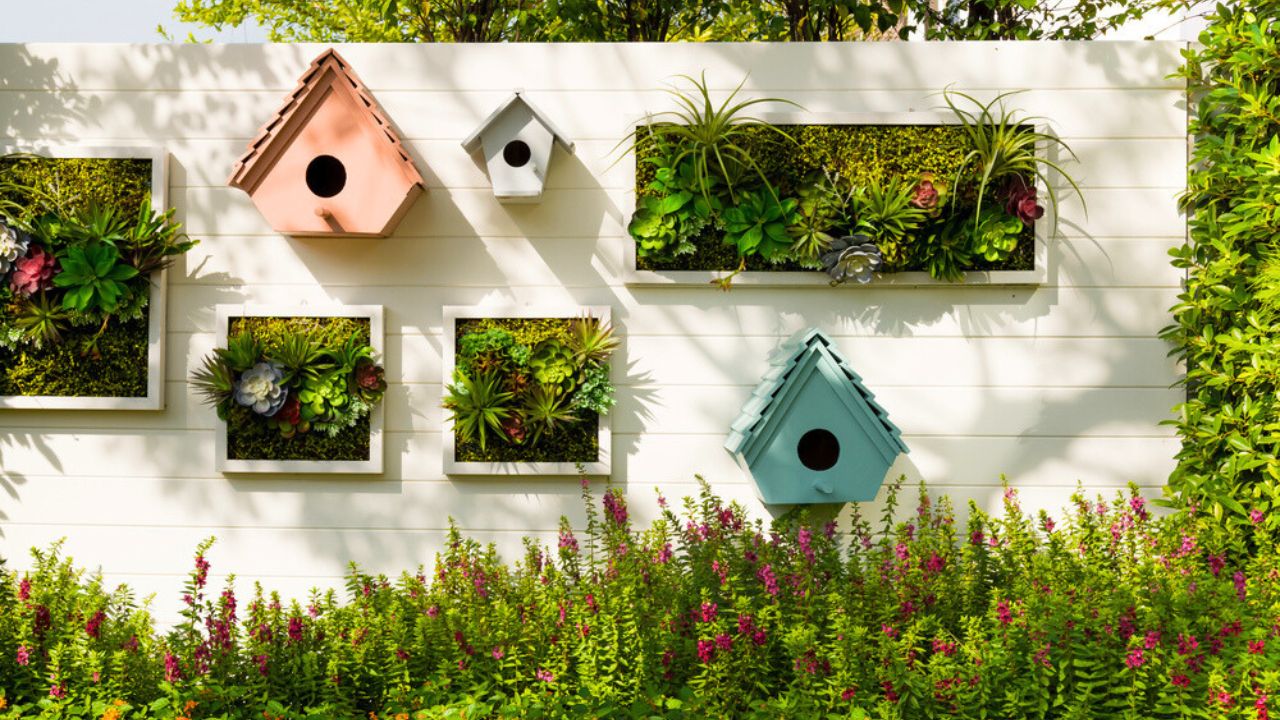 Decorated wall vertical garden idea in the city, Background.