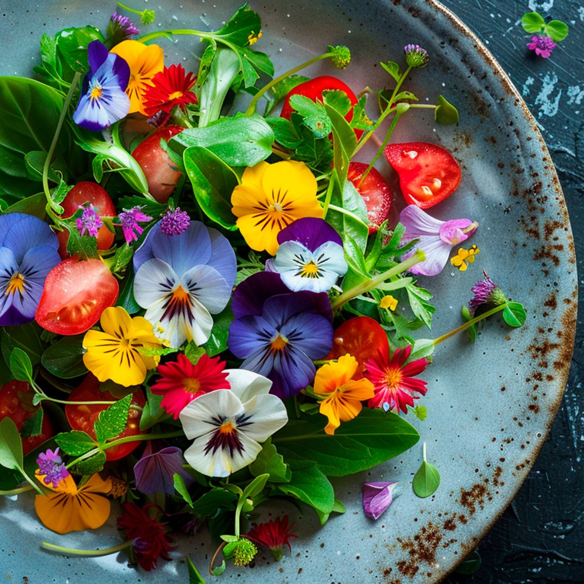 colorful salad with edible flowers.