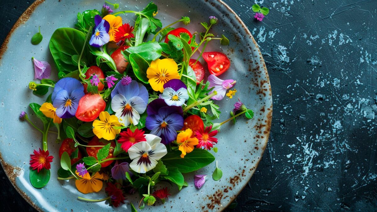 colorful salad with edible flowers.