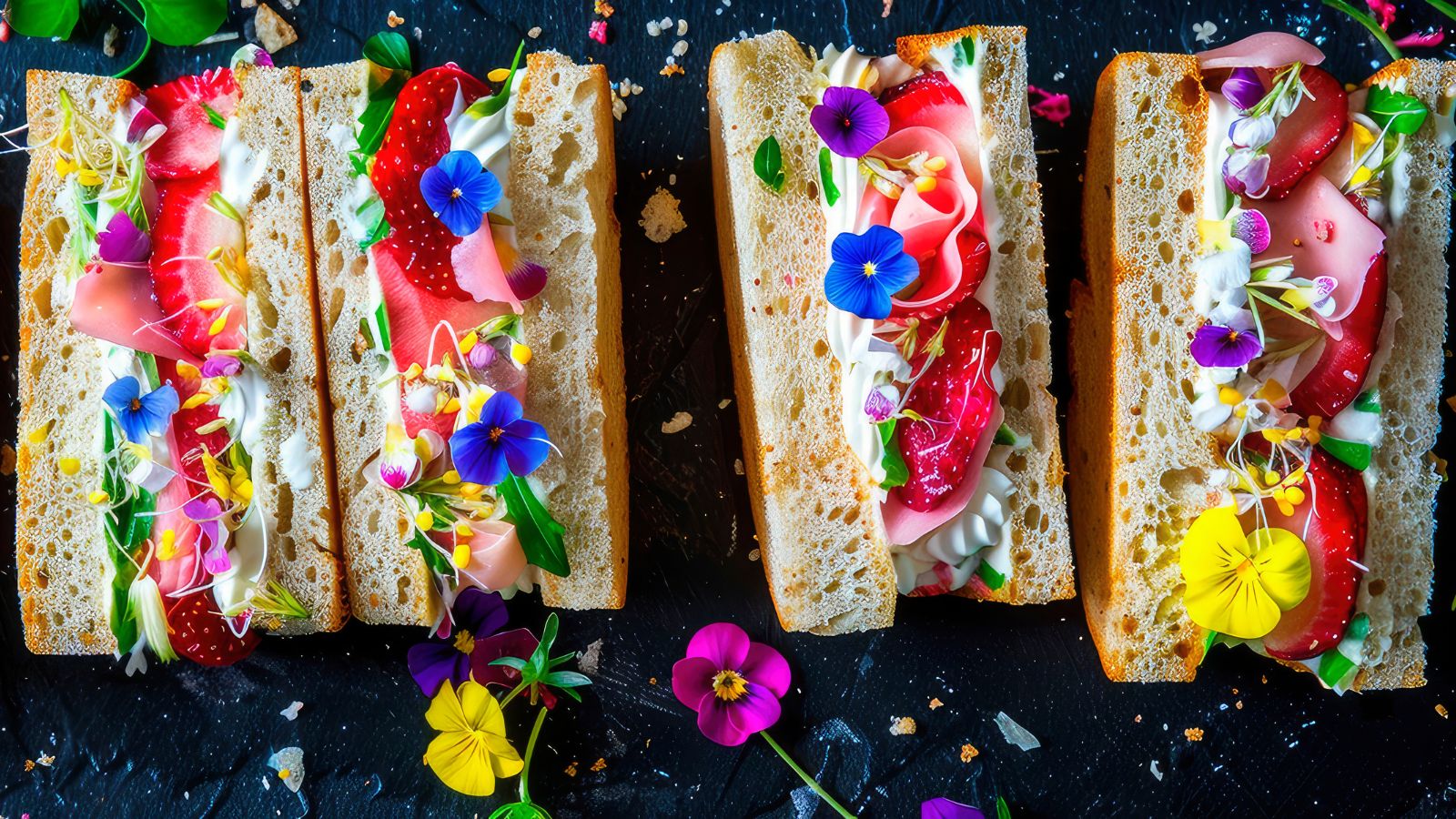 sandwiches decorated with edible flowers.
