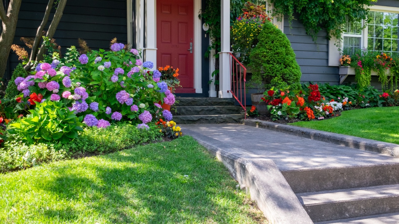 The entrance to a blue wooden house is marked by a vivid red handrail and concrete steps. Surrounding the house is a vibrant green lawn and an assortment of colorful flowers, vines, and shrubs.