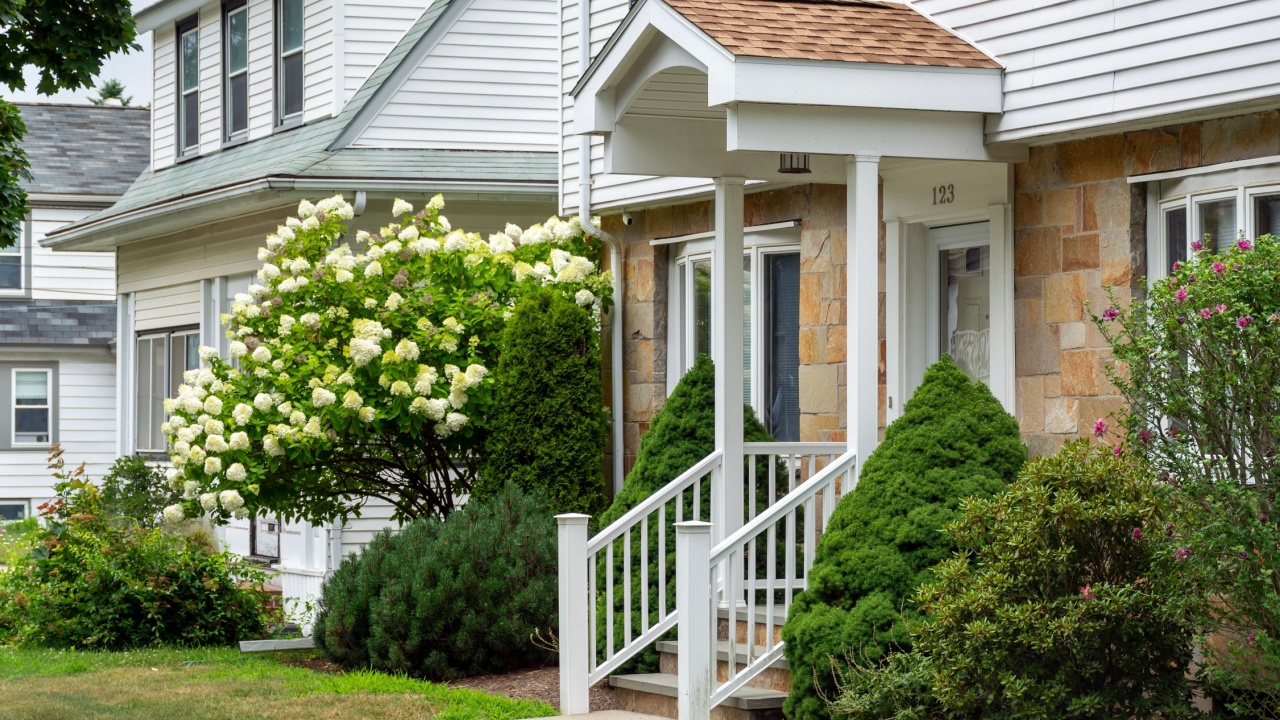 Beautiful Family house facade with elegant portico in Brighton, Massachusetts, USA