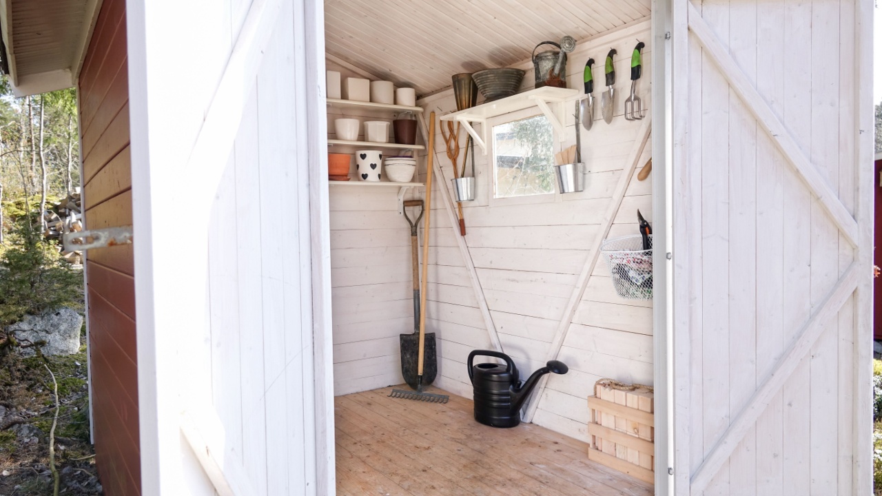 Storage shed filled with garden tools. Shovels, rake, pots, water pitcher and all you need for gardening.