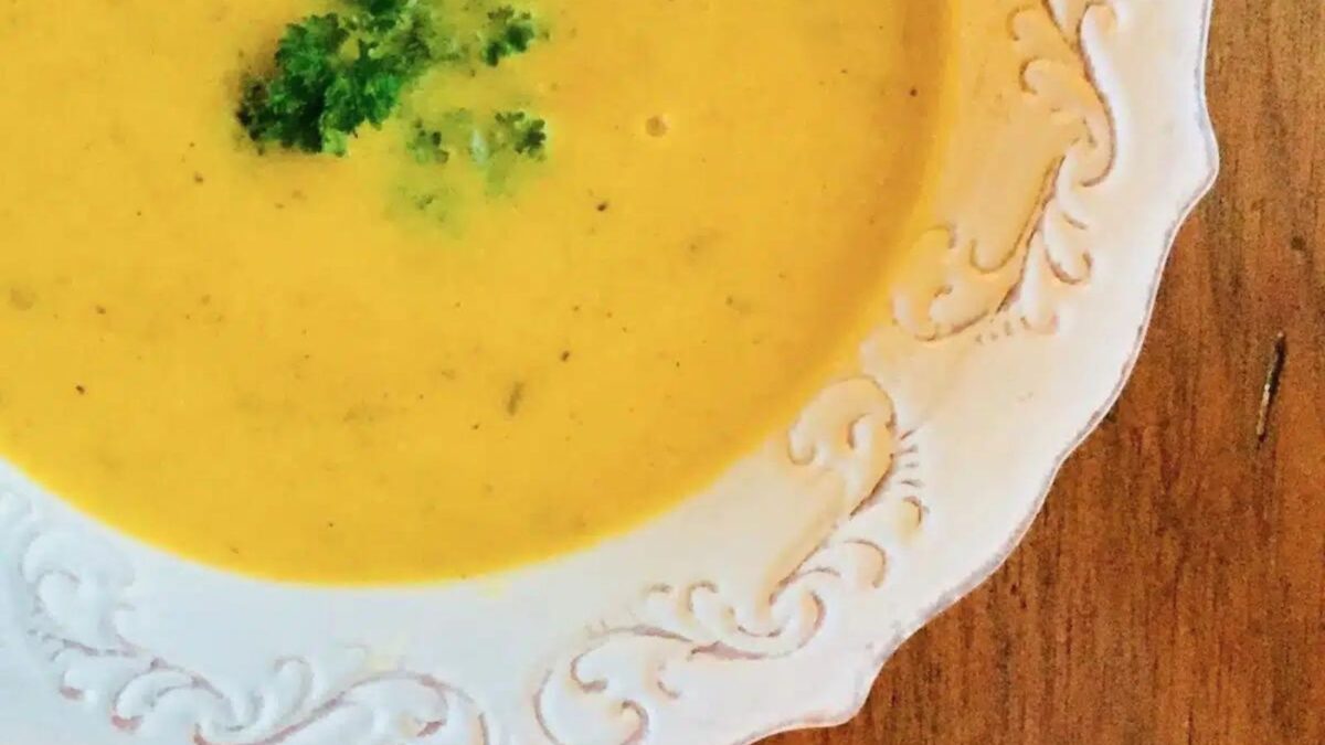 a bowl of butternut squash and potato soup.