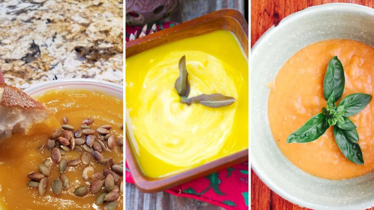A collage of butternut squash soups.