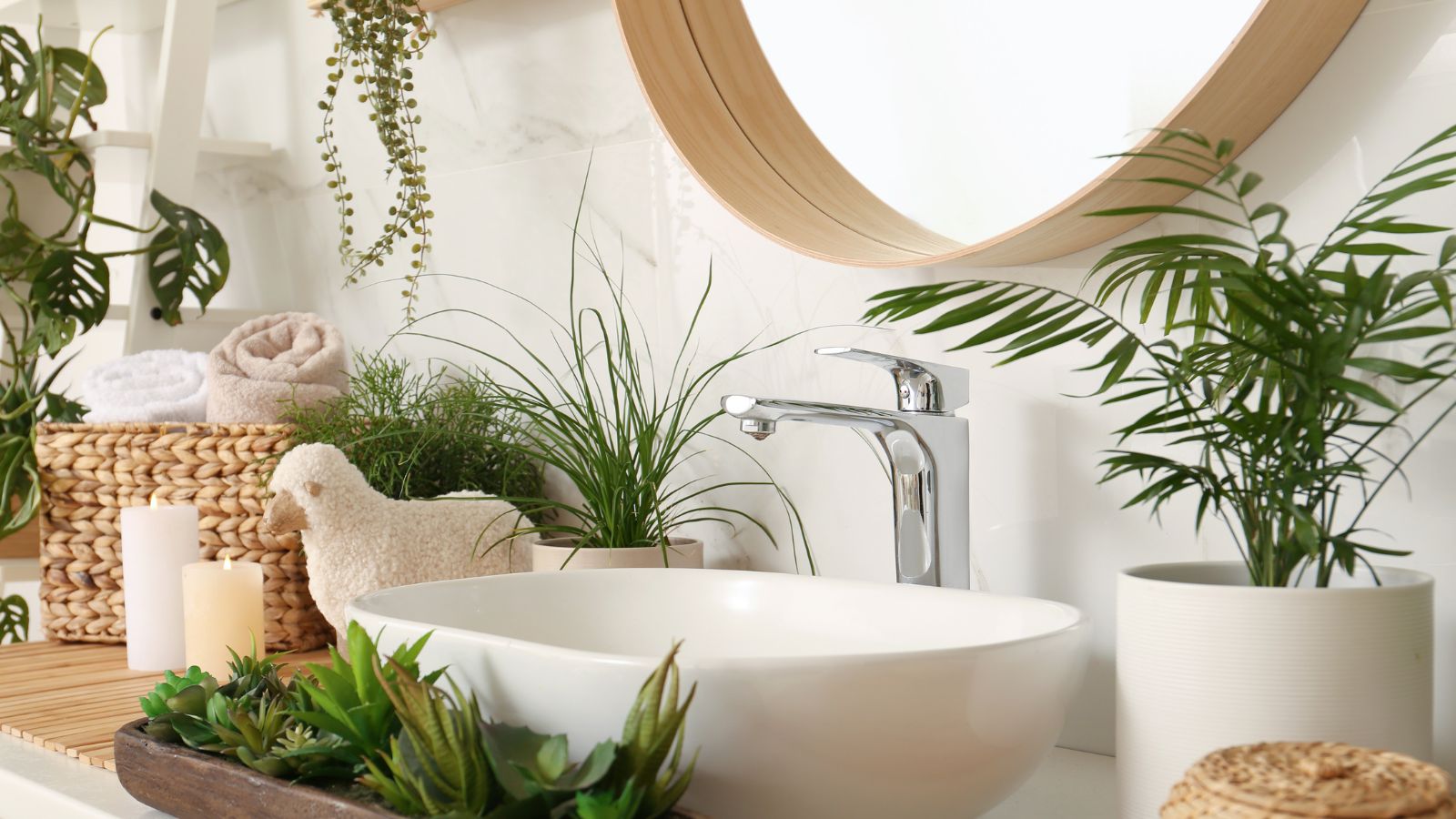 Plants surto0uding bathtub, with white walls behind.