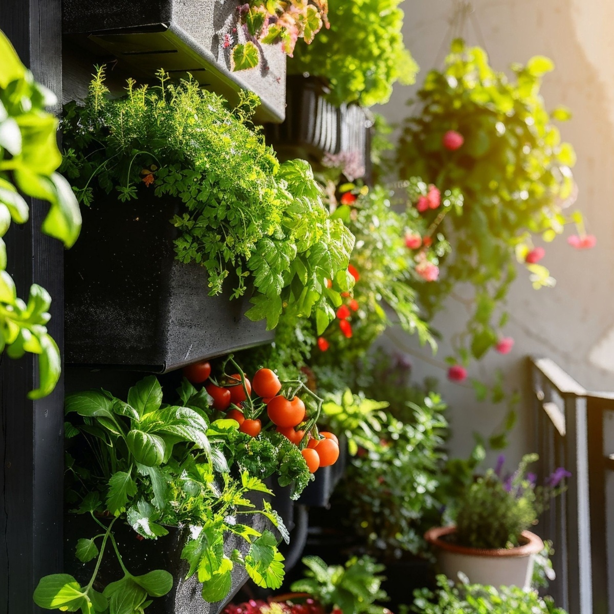 A vibrant vertical garden overflowing with fresh herbs lettuce and small tomatoes thriving on a sunny balcony in a bustling city
