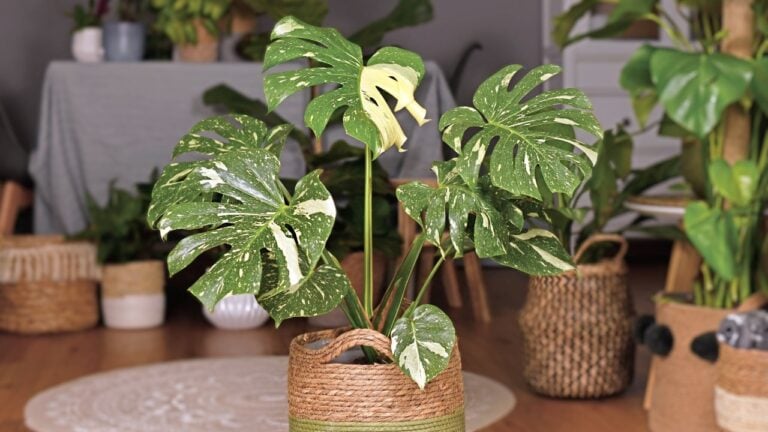 Large variegated tropical 'Monstera Deliciosa Thai Constellation' house plant with beautiful white sprinkled leaves in basket flower pot in living room with many plants in burry background