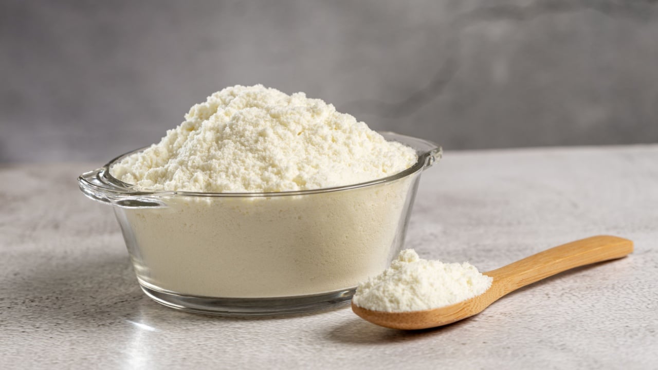 Powdered milk. Portion of granulated milk powder.