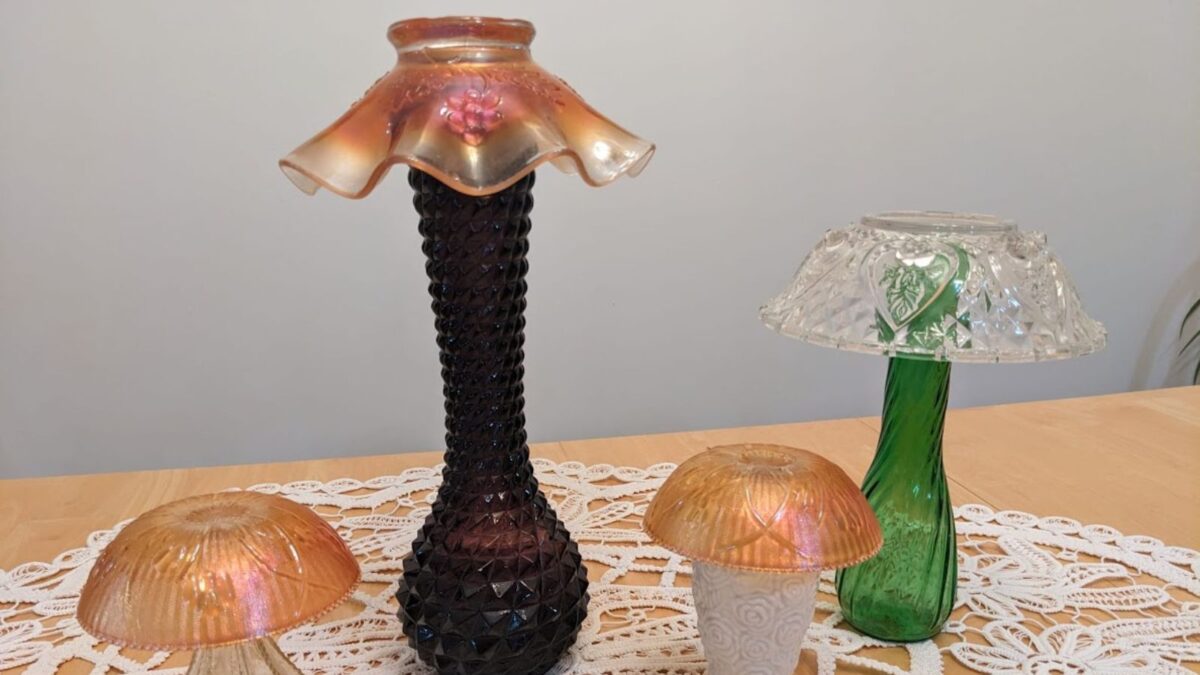 whimsical mushrooms made from glass vases and bowls.
