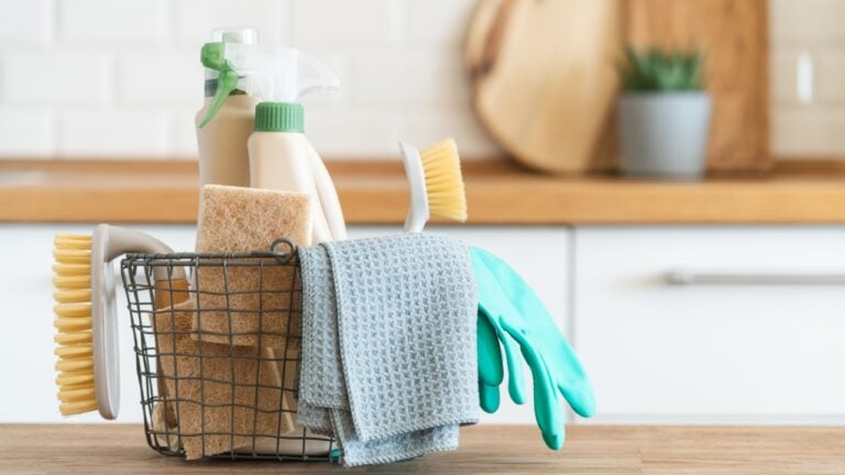 Basket with brushes, rags, natural sponges and cleaning products