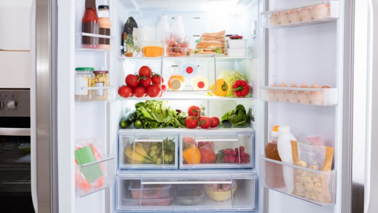 Open Refrigerator Filled With Fresh Fruits And Vegetable