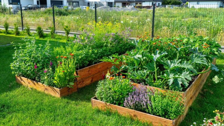 A wooden crate with various vegetables, standing on the grass in the garden.