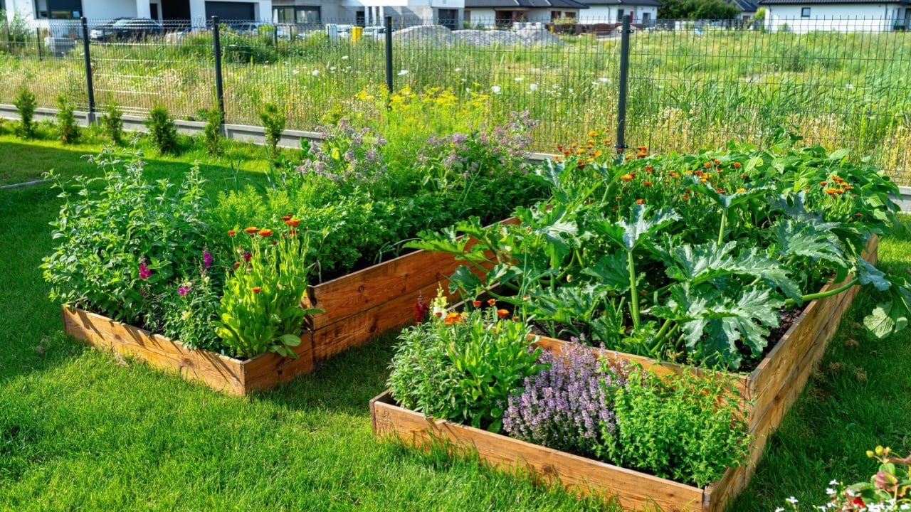 A wooden crate with various vegetables, standing on the grass in the garden.