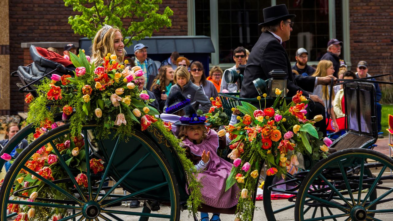 Pella, Iowa, USA. Tulip Time Festival Parade of Pella's dutch community, a festival dedicated to the citizens who immigrated from the Netherlands to America.