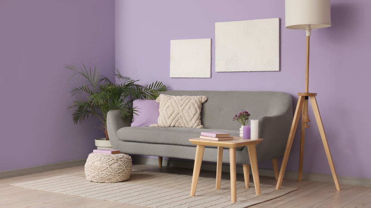 Comfy sofa, coffee table, pictures and lamp in stylish interior of living room
