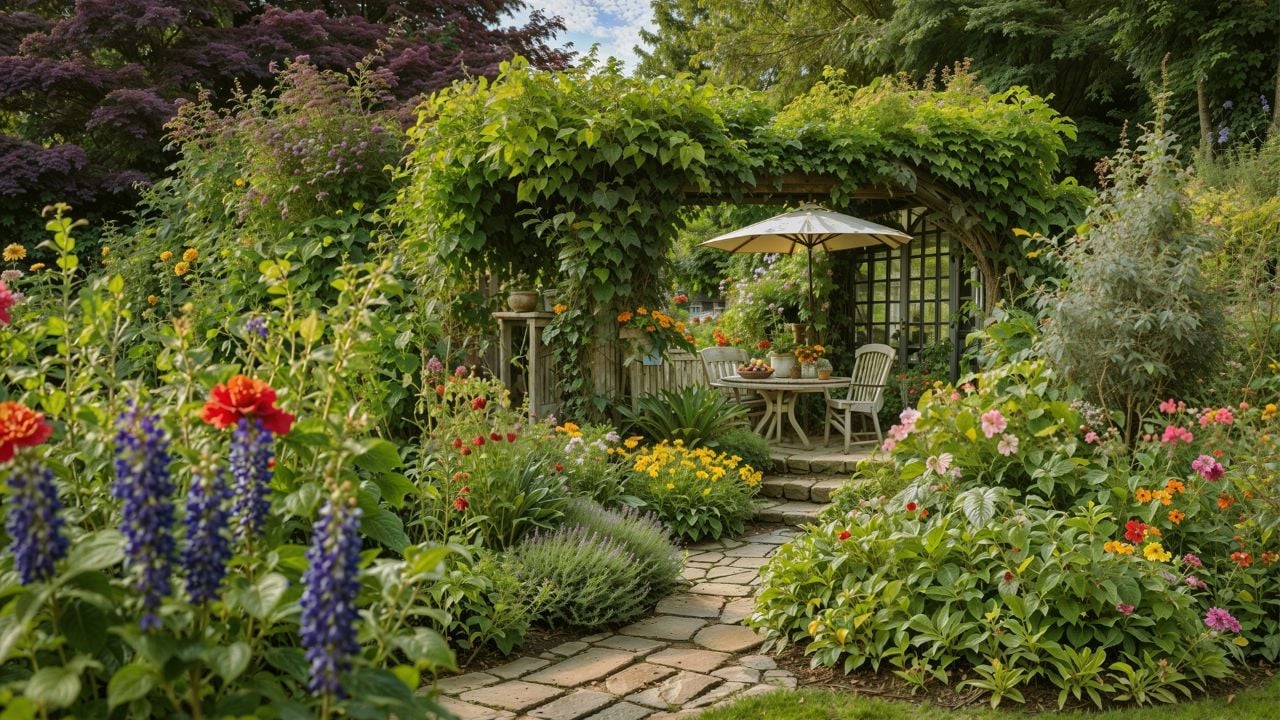 That's a summer garden in all its glory. Lush green foliage provides a backdrop for vibrant blooms