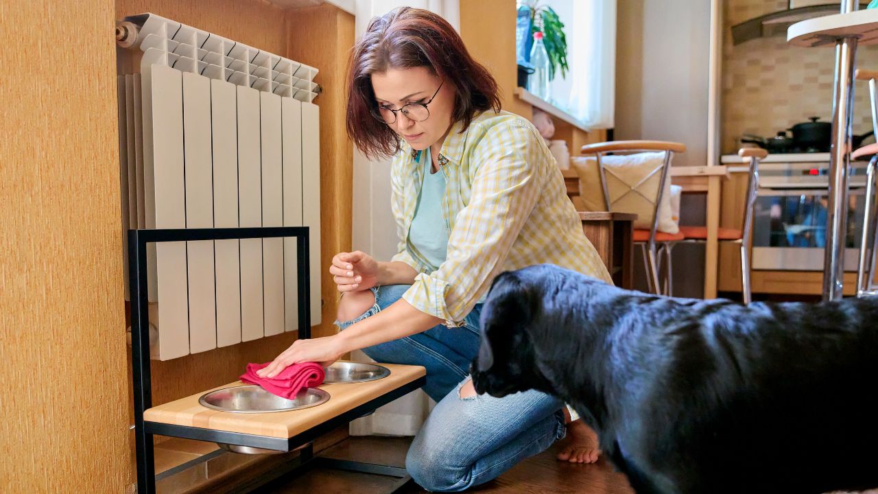 Middle aged woman and pet dog at home in kitchen interior