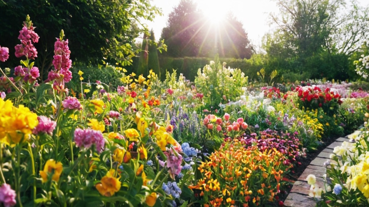 agricultural drone releases water, watering the garden, flower garden blooming in spring, colorful flowers, morning sunlight, spring, greenhouse