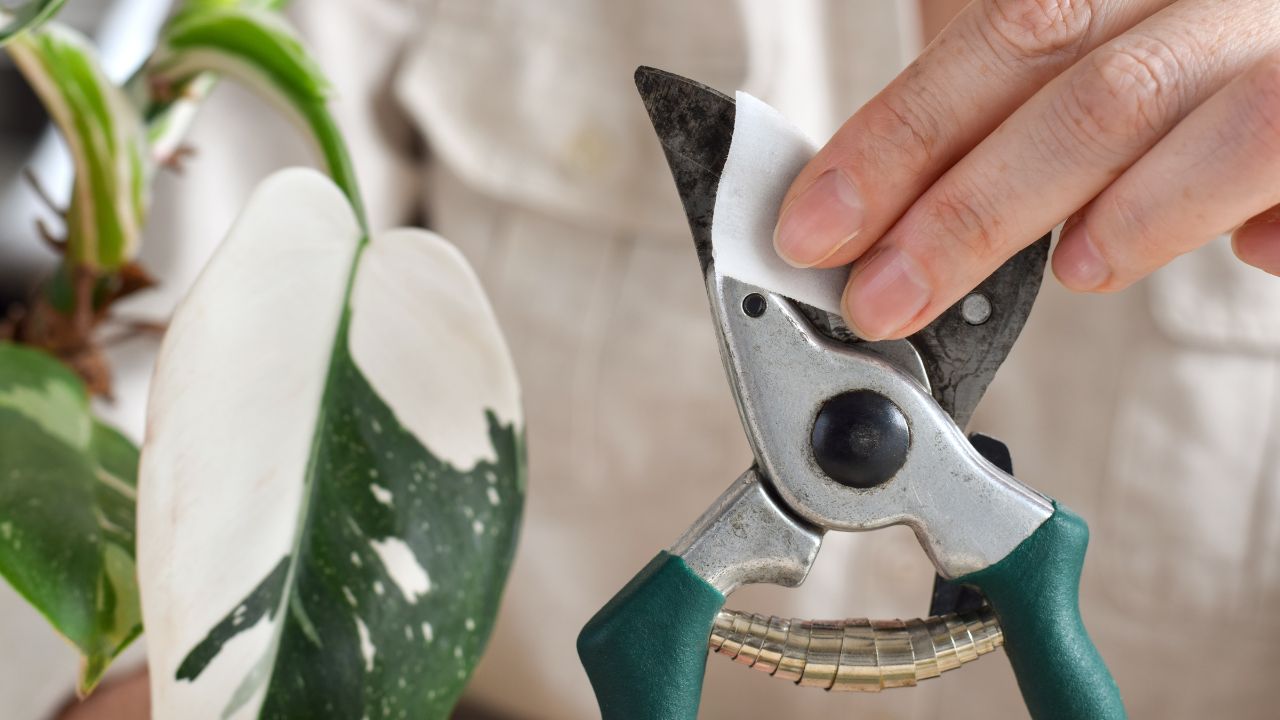 Closeup woman disinfecting garden shears blades prior to cutting plant