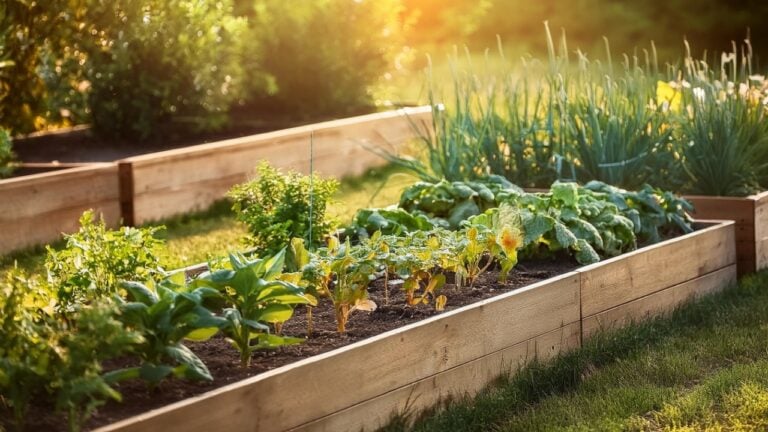 rustic wooden raised garden beds growing herbs and vegetables countryside organic gardening