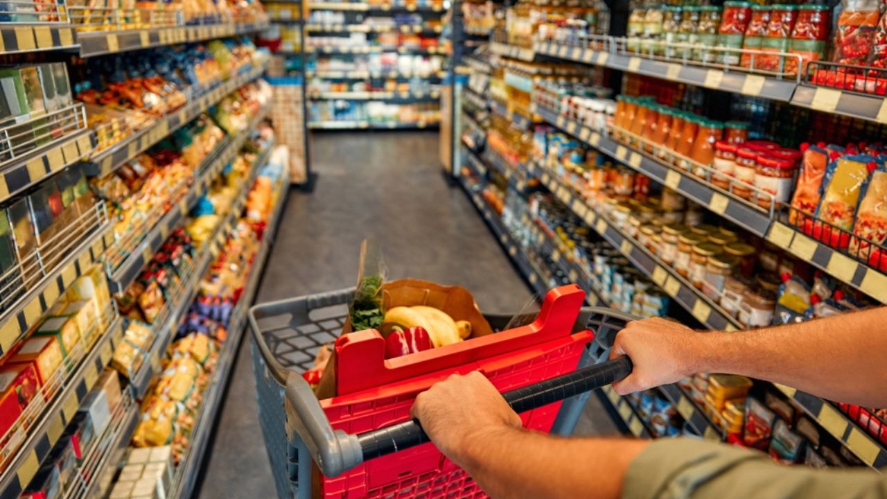 A man with a cart walks between store shelves and buys groceries. Large purchase at the supermarket.
