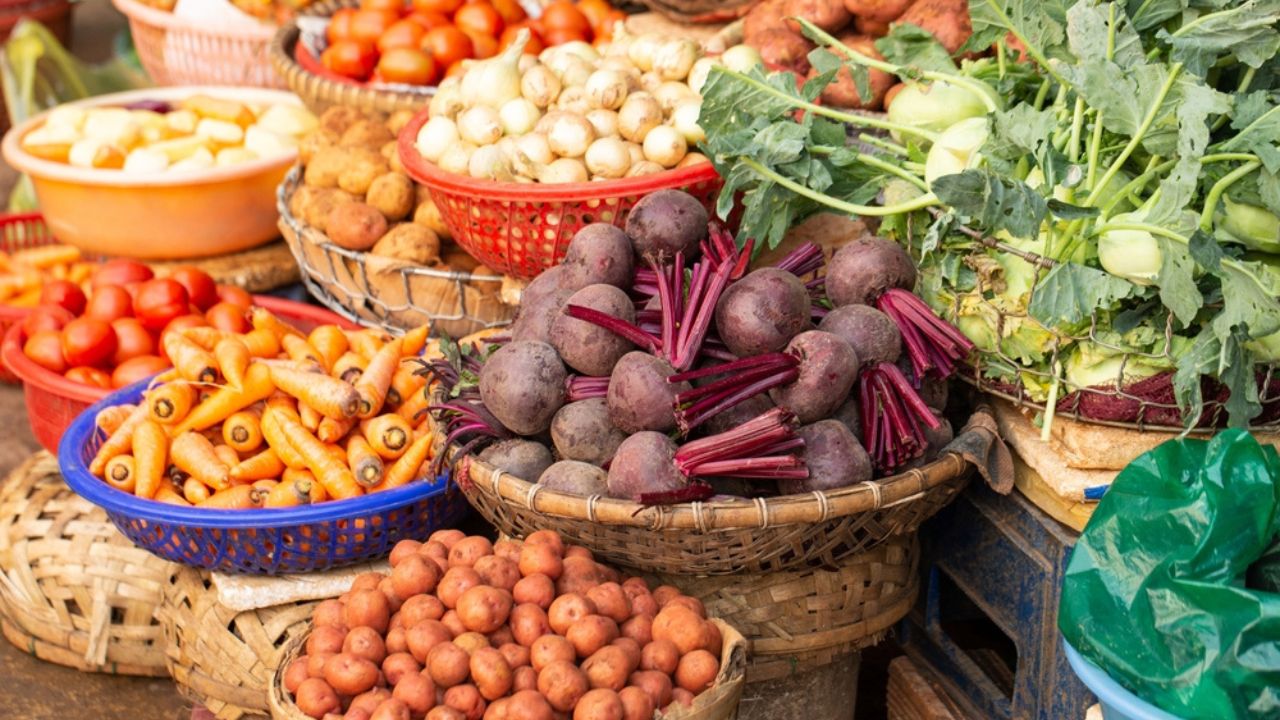 Fresh vegetables on display in a traditional market