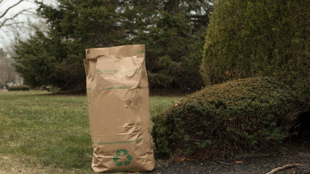 A brown lawn bag is full, next to a trimmed hedge and manicured bush. The yard work is done in the perfect lawn, landscaped and clean. The paper yard bag is full of leaves and waste. Yard work.