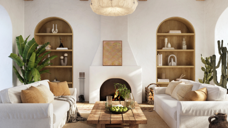modern living rooms arched book shelves and fire place white couches house plants