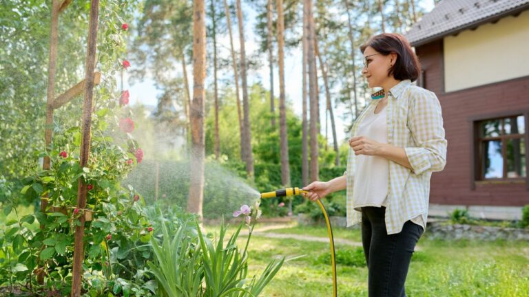 woman in her yard watering flowers with a hose sprayer