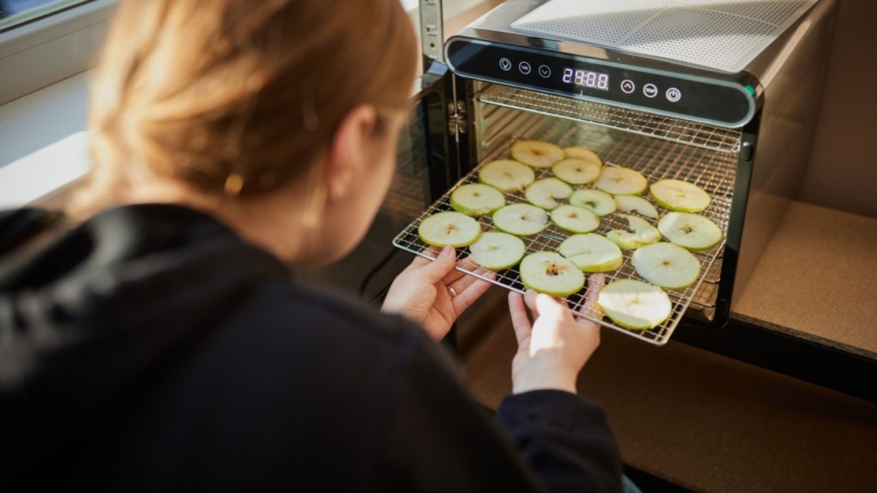 A woman cuts apples and dries them in a dehydrator