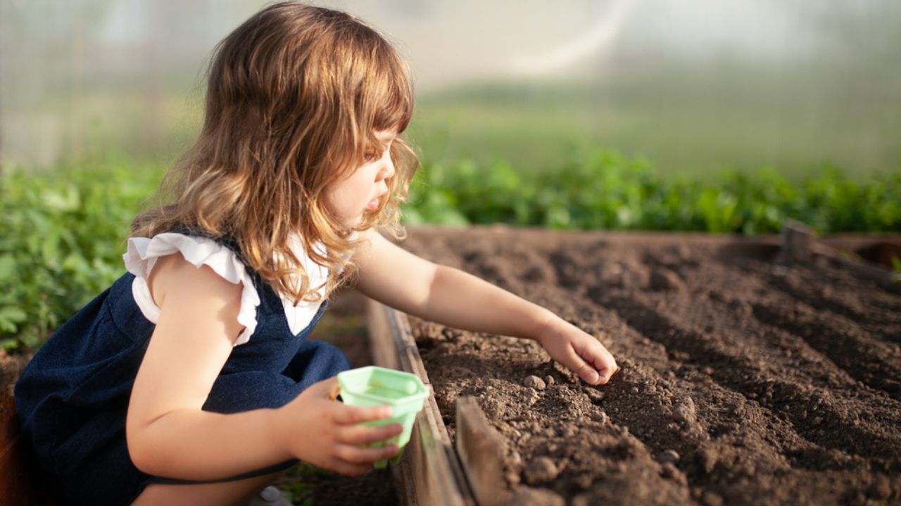 Adorable little girl planting seeds in the ground at the greenhouse, spring.