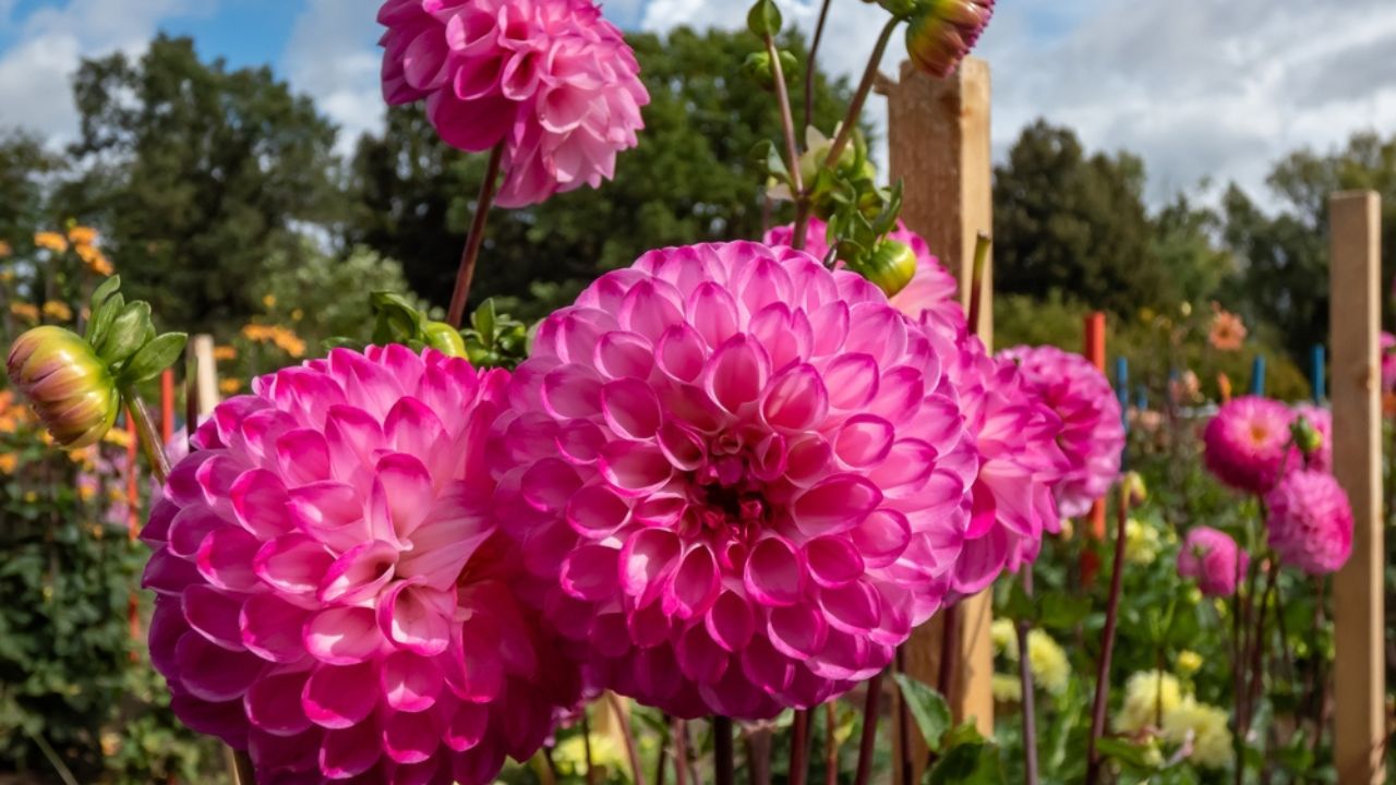 Ball and pompon dahlia 'Kardinal' blooming with bright pink, perfectly round flowers that feature a honeycomb of tightly rolled petals in the garden