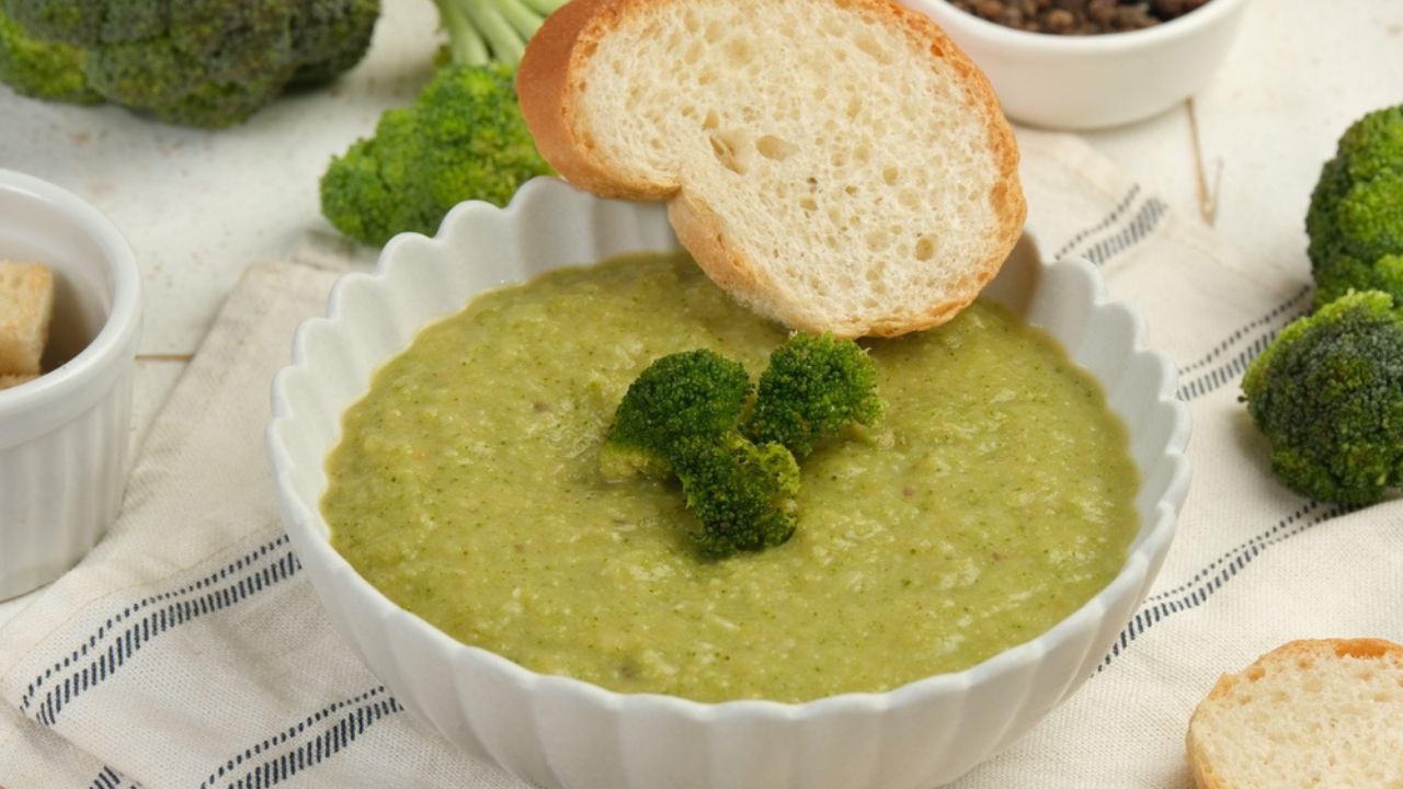 Brocolli green fresh soup on white table top