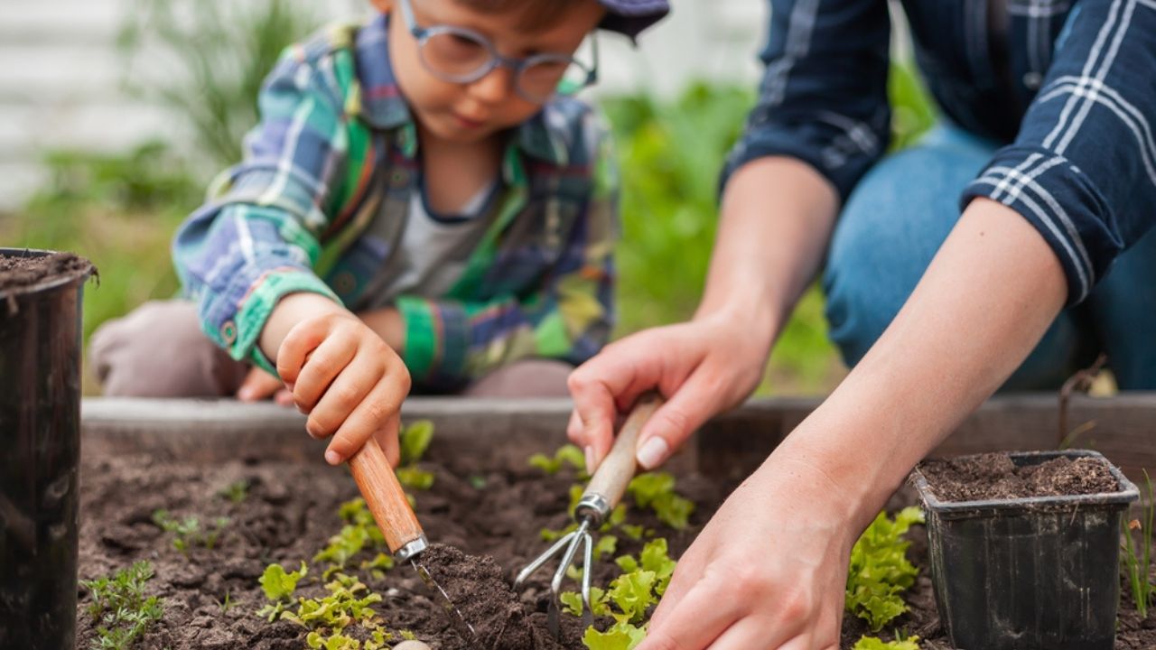 Child and mother gardening in vegetable garden in the backyard