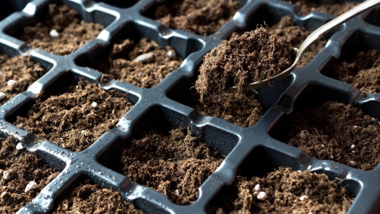 Plastic pots for planting seeds with fertile soil, peat. Filling cells with a spoon. Preparing to planting seeds. Plant seed growing concept. Agriculture, spring hobby. Background.