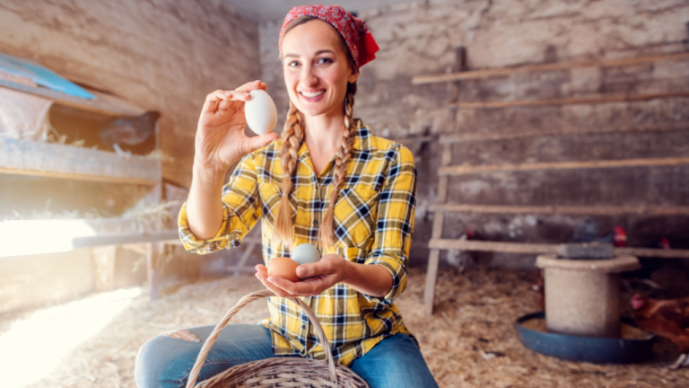 woman farmer holding chicken eggs in a coop