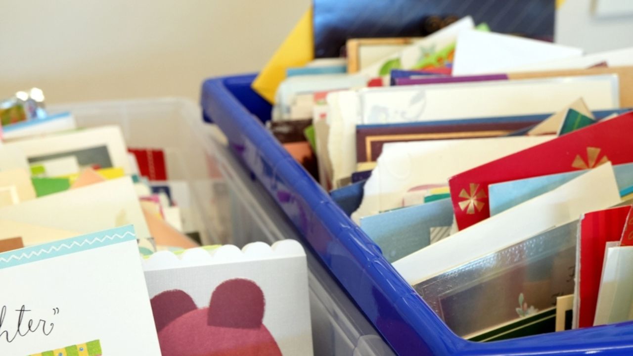 Bins of old greeting cards for crafts