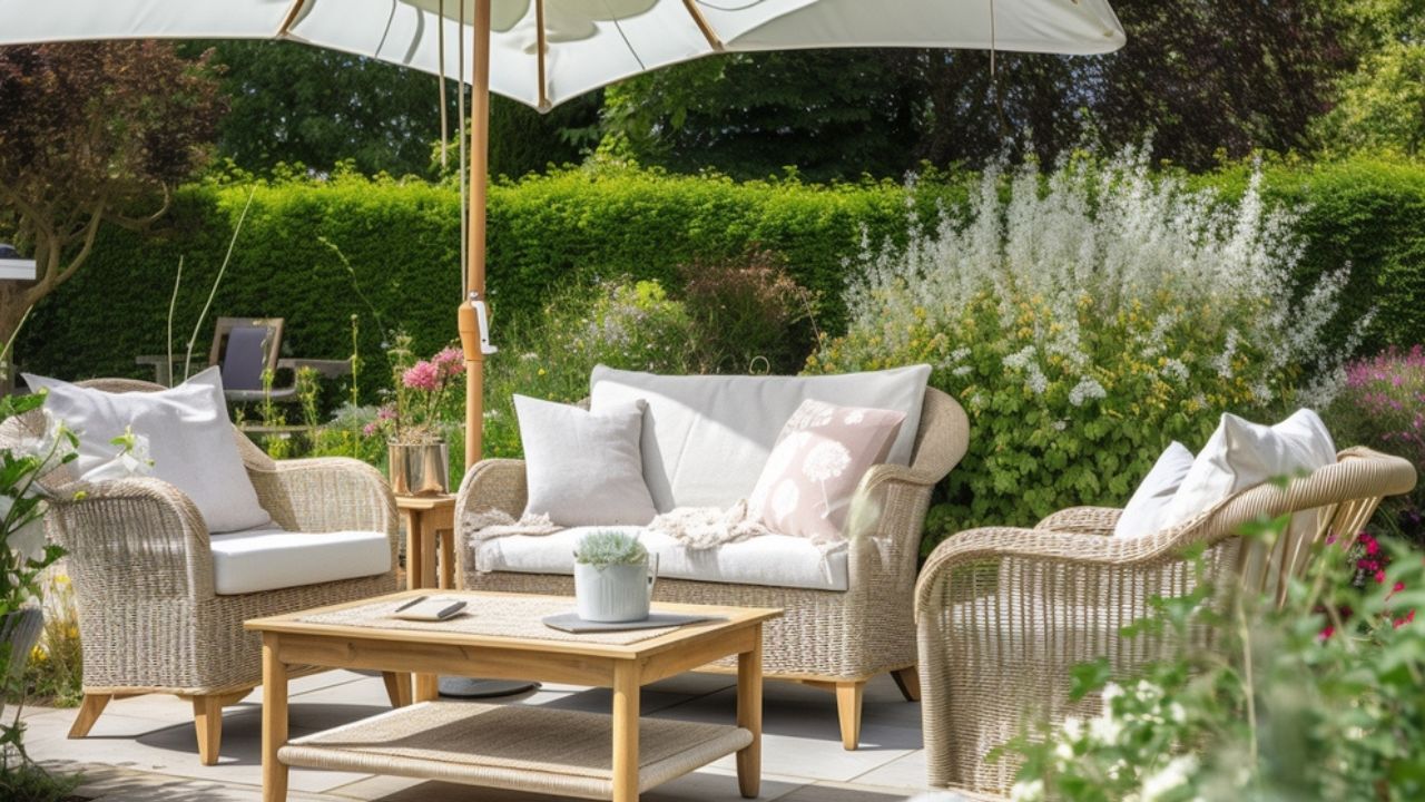 Charming Serene Garden Patio With Cozy Outdoor Furniture, Accent Pillows and Relaxing Setting