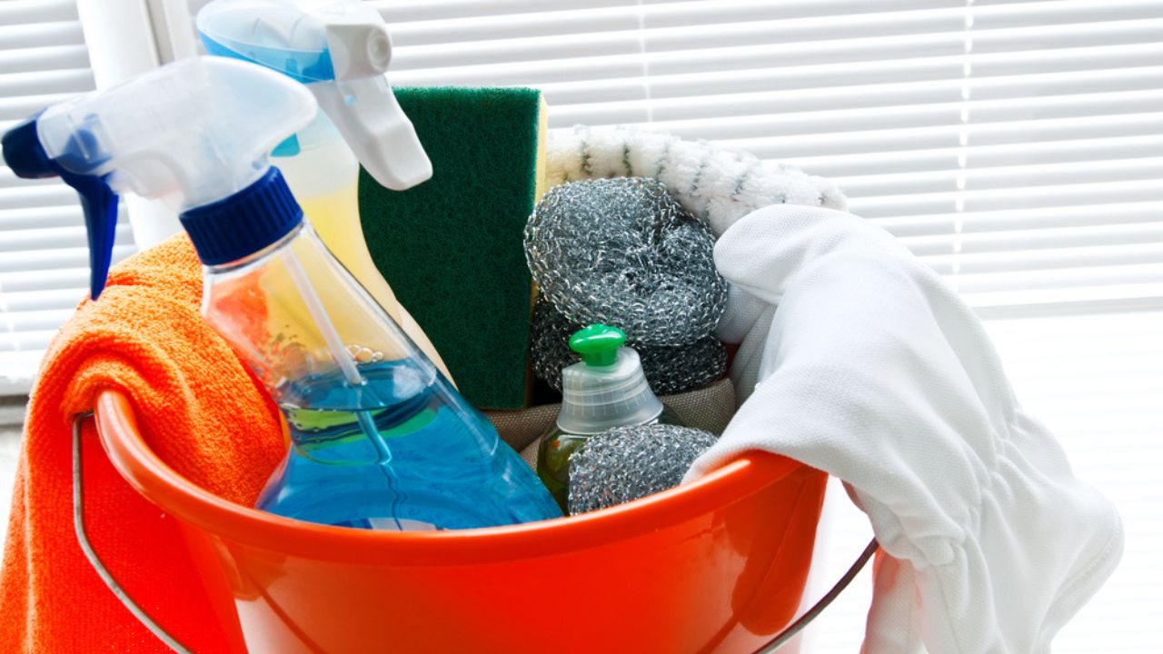 Cleaning agents in a bucket close up