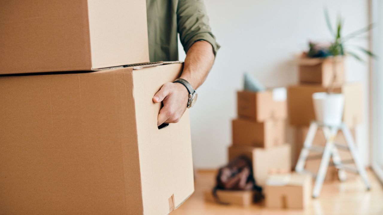 Close-up of a man with carton boxes moving into new home.