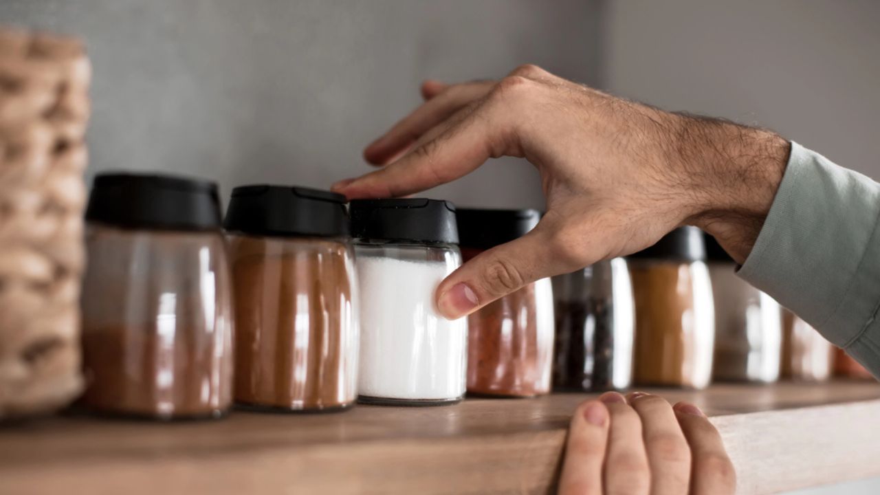 Close up. a Man Takes Spices from the Kitchen Shelf