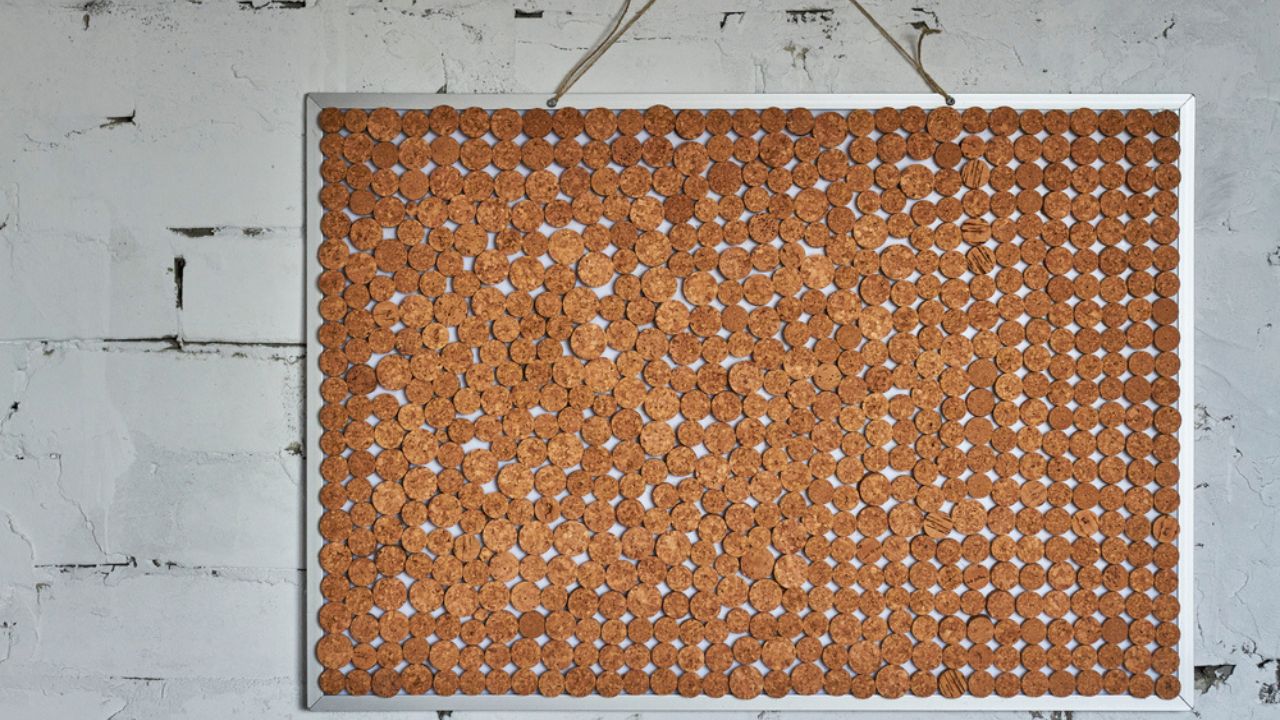 Homemade chopped wine cork note board on brick wall, selective focus