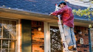 Man Cleaning Gutters on Ladder